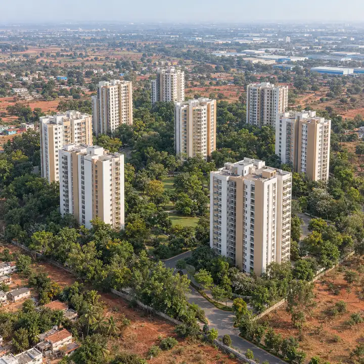 Urbanrise BK Halli aerial impression of high-rise apartment towers among trees in North Bengaluru, artist's impression Urbanrise BK Halli aerial impression of high-rise apartment towers among trees in North Bengaluru, artist's impression