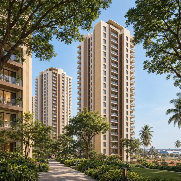 Urbanrise BK Halli residential towers seen from a tree-lined walkway, artist's impression Urbanrise BK Halli residential towers seen from a tree-lined walkway, artist's impression